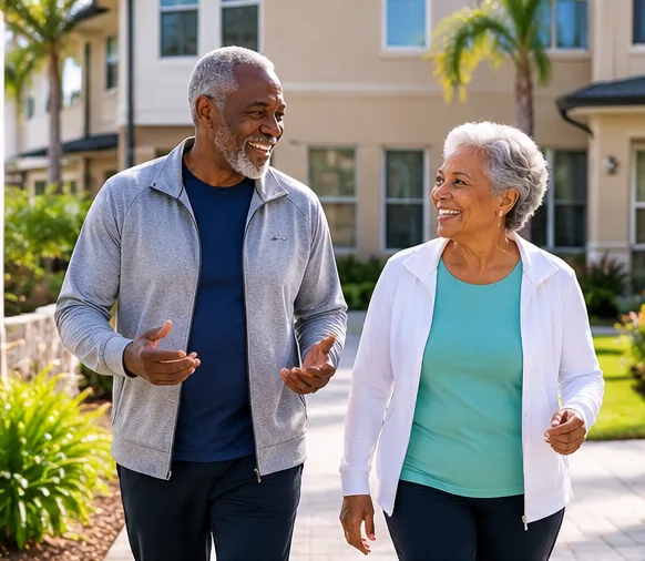 Two seniors walking outdoors